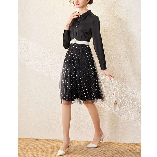 

dress dressearly spring style, fashionable, medium and long lapel single breasted shirt, wave point mesh waist, Black;gray