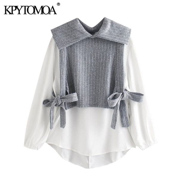 

kpytomoa women fashion with bow tied patchwork loose blouses vintage long sleeve elastic trim female shirts chic 210323, White