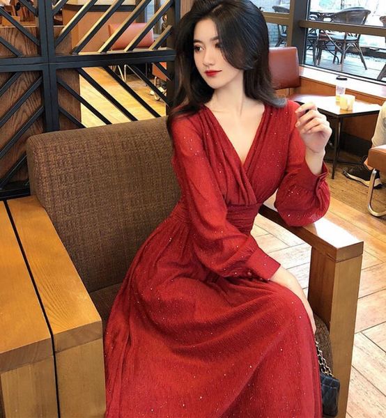 

dress spring. autumn korean style glittery design sense waist pleated temperament long-sleeved skirt all-match slim dre ss female europe and, Black;gray
