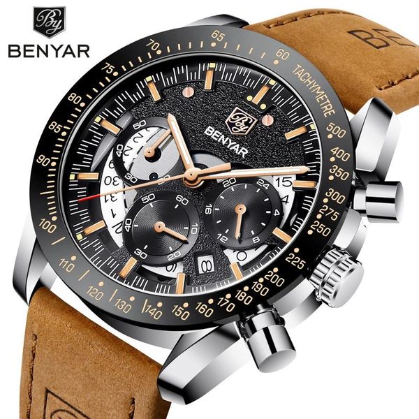 

wristwatches benyar luxury quartz watch men auto date blue watches stainless steel wrist chronograph relogio masculino, Slivery;brown