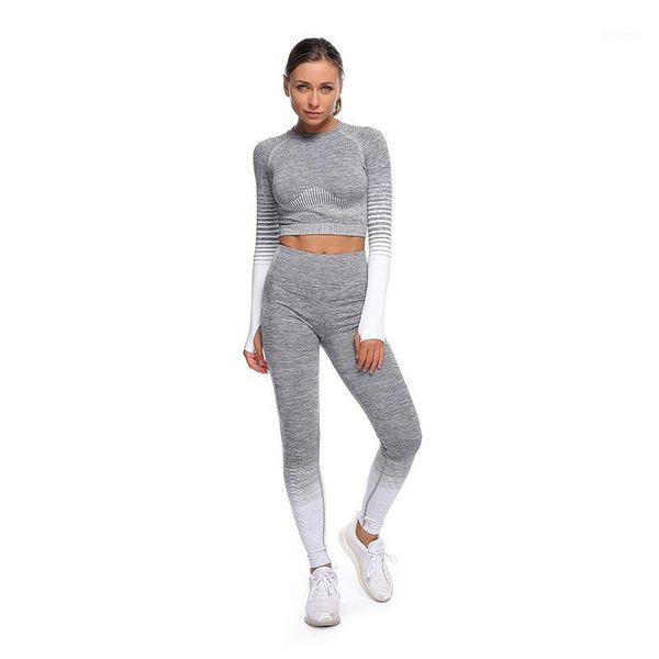 

yoga outfits seamless set sport women 2 piece tracksuit high waist leggings + long sleeve crop workout gym suit fitness sets1, White;red