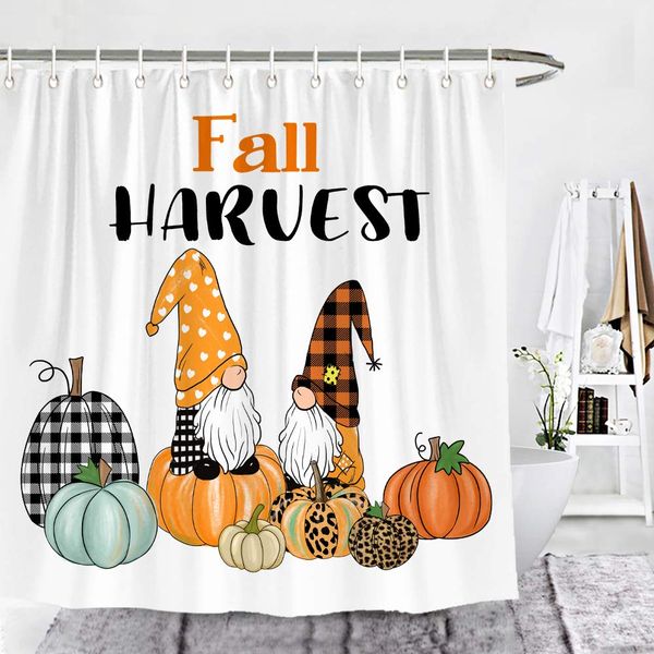 

fall harvest gnomes buffalo check leopard pumpkins shower curtain autumn farmhouse bathroom decor with hooks 72 x 72 inches