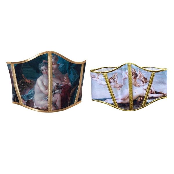 

women lace up girdle waist cincher buckle stretch belt corset oil painting tied wide elastic waistband 68ua belts, Black;brown