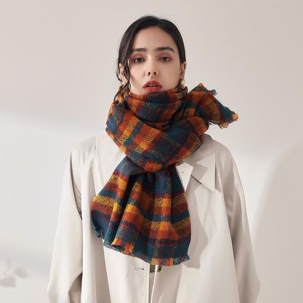 

scarves autumn and winter women's plaid wool-edge imitation cashmere scarf windproof warmth elegant sweet shawl, Blue;gray