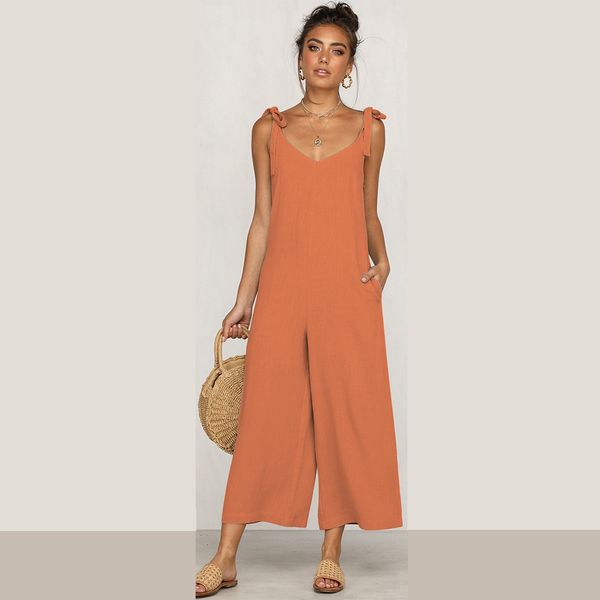 Summer Jumpsuit Algodão Linho de Alta Qualidade Solta Mulheres Scompreficas Sólogas Casuais Correia Sólido One Peça Romper 210428