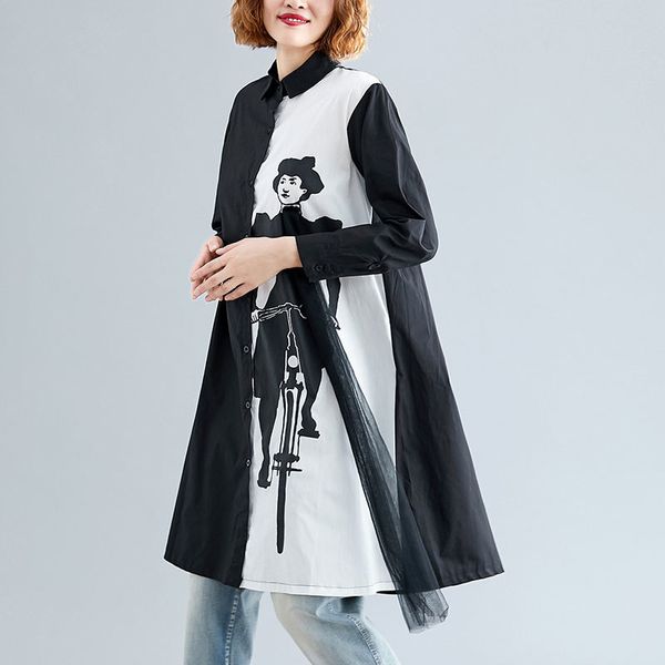 

shorts autumn arts style women turn-down collar long shirts all-matched casual print patchwork white vintage blouse m569 p6jb, White;black