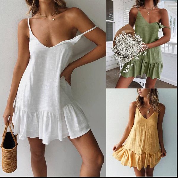 

summer sling v neck womens dresses halter solid cotton ruffled white beach mini casual loose sundress female, Black;gray