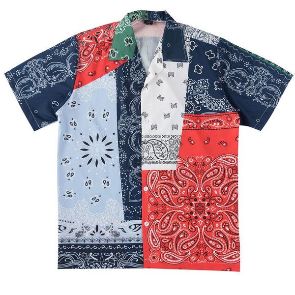 

men's casual shirts hip hop cashew flowers print color block patchwork beach summer streetwear hawaiian aloha short sleeve shirt top, White;black