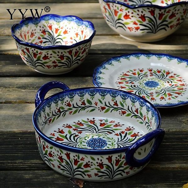 

small floral ceramic tableware polish style vintage hand-painted dish dim sum plate salad bowl binaural kitchen accessories bowls