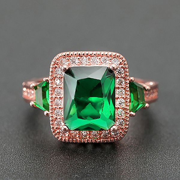 Rose Gold Tone Verde Crystal Emerald Gemstones Diamantes Anéis para as Mulheres Princesa Jóias de Luxo Bijoux Bagua Partido Presente tamanho 6-10