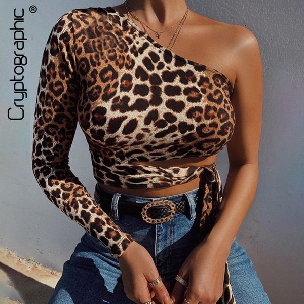 

one shoulder cropped hollow out leopard print lace up t-shirts for women slim fashion autumn winter teesby air, Black;gray