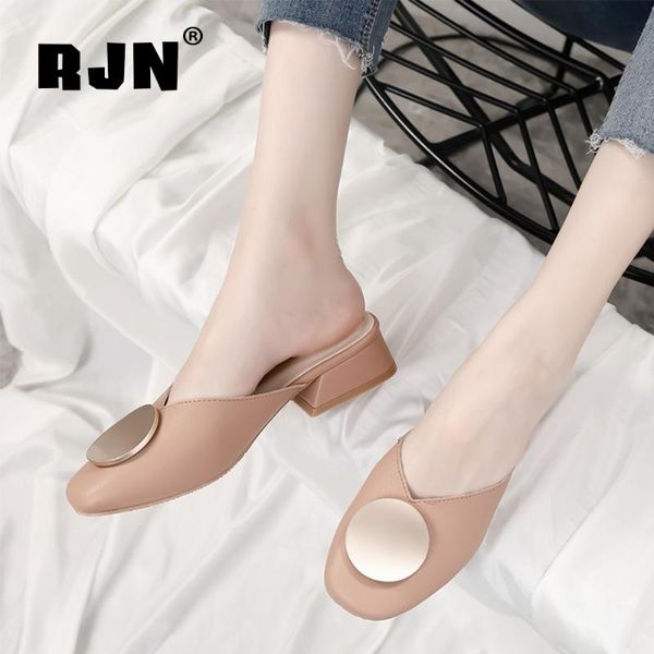 

sandals rjn concise stylish metal decoration women shoes summer soft casual round toe mules sweet comfortable 2021 rl37, Black