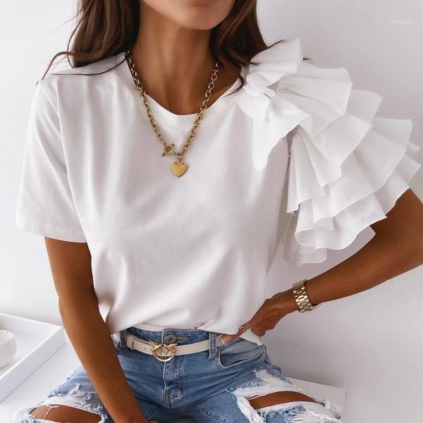 

women's blouses & shirts lady casual o neck solid blouse shirt 2021 summer short sleeve women pullover fashion layered ruffle blusa st, White