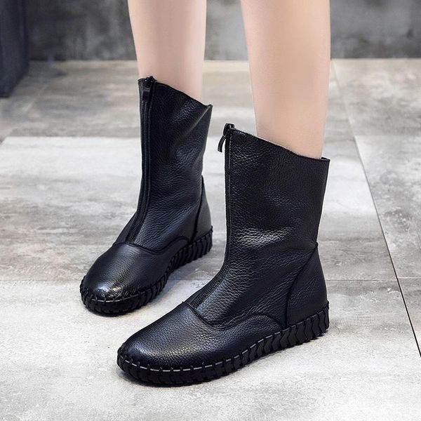

boots nice autumn women high genuine leather waterproof woman mid-calf flat boot solid zip retro motorcycle shoes, Black