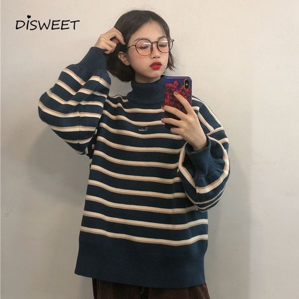 

knits high neck stripe pullover women college style long sleeve loose knitted woman simplicity warm slim women's sweater, White