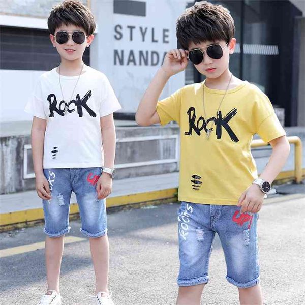 

children clothes summer baby boys sports suit white t-shirt & blue jeans pants 2 pcs tracksuit kids toddler clothing set 210622