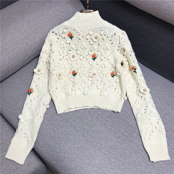 

knits autumn winter fashion sweaters women turtleneck crochet knitting flower patterns long sleeve casual pullovers ladies, White
