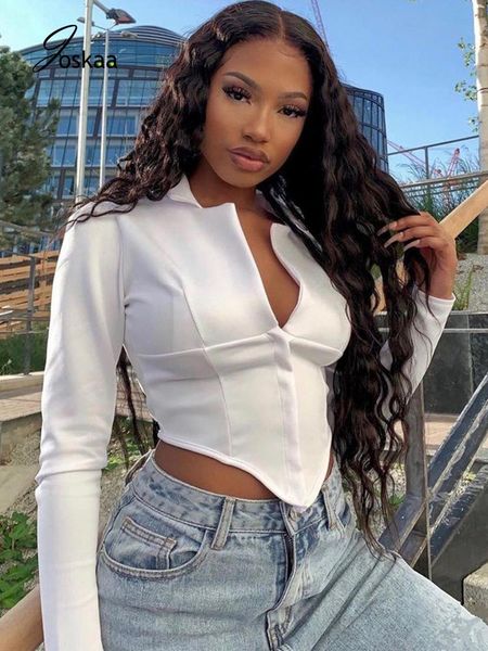 

women's t-shirt joskaa 2021 women streetwear elegant long sleeve white deep v neck double breasted blazers jacket office lady shirt coa