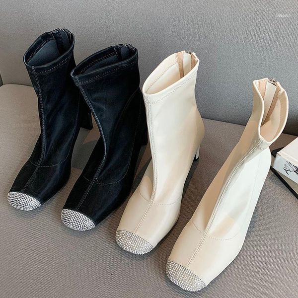 

boots 2021 winter designer women zippers apricot ankle medium heels black diamond square toe short lady party shoes11