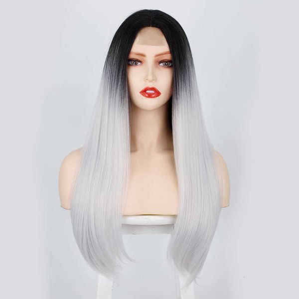 

wig chemical fiber small front lace women's head set long straight wig, Black