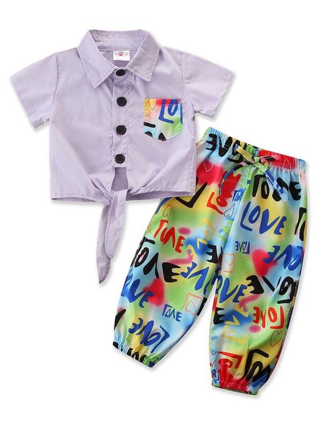 

clothing sets 1-6y casual children summer 2021 toddler kids button lapel short sleeve shirt+letter tie dye print long pants tracksuit, White