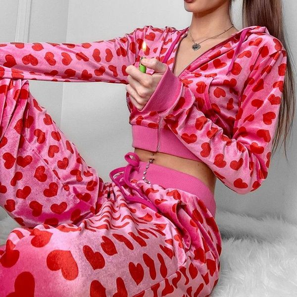 

women's two piece pants fall/winter 2021 european american sports fashion suit love print hooded sweater set women pink blue, White