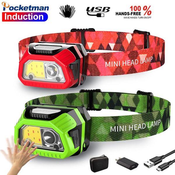 

20000lm headlamp led headlight usb rechargeable cob induction with ir sensor fishing head light lamp lantern waterproof camping headlamps