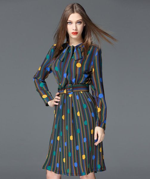 

casual dresses 2021 runway dress women long sleeve vintage elegant stripe printed knee-length pleated party, Black;gray