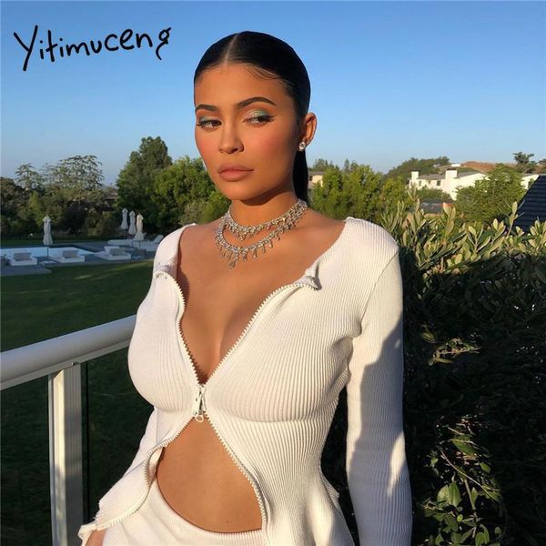 

yitimuceng knitwear zipper women white tees 2021 spring korean fashion streetwear long sleeve short tshirts clothes women's t-shir