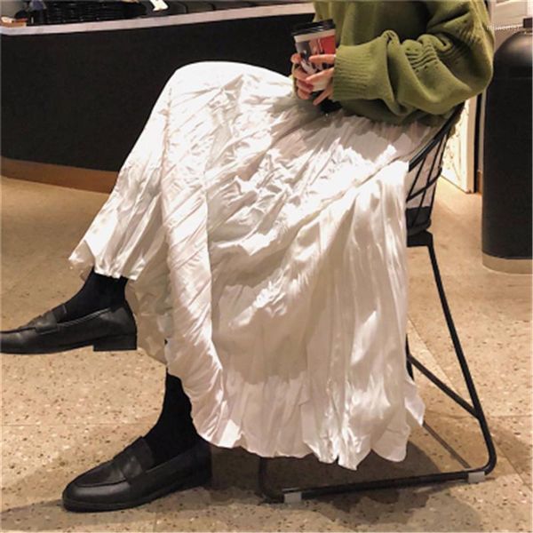 

long skirt women white irregular pleated elastic waist big swing casual fashion elegant sweet chic 2021 arrival skirts, Black