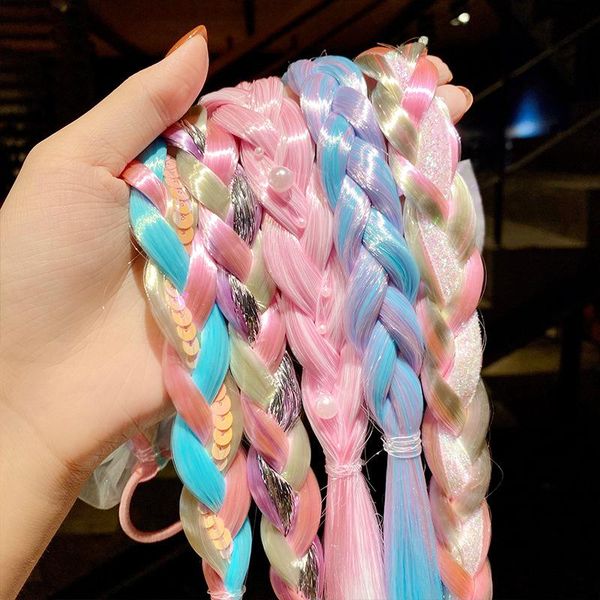 

hair accessories 2021 colorful wigs butterfly elastic bands sequins rainbow braided rope kids party headwear, Slivery;white