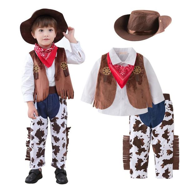 

clothing sets children cowboy costume long sleeve western set hat+shirt+vest+pants boys girl birthday peformance purim clothes, White