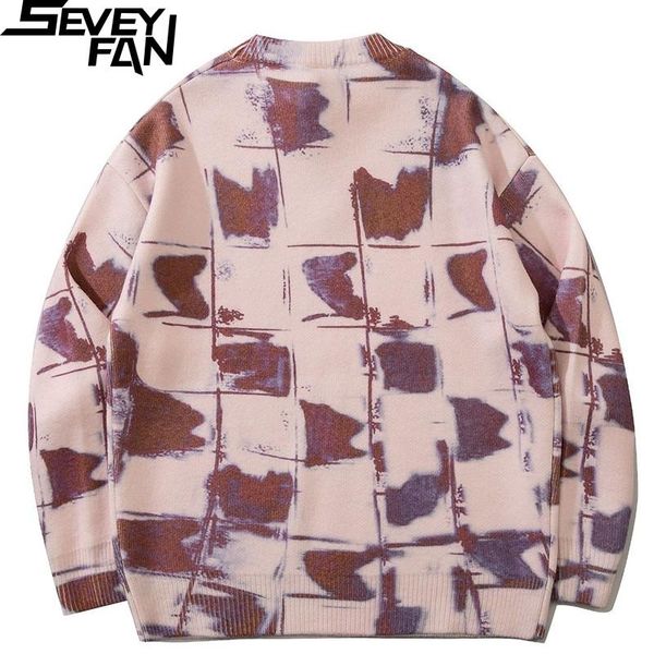 

men's sweaters seveyfan full seal plaid sweater harajuku fashion loose o neck knitwear autumn pullover for couples, White;black