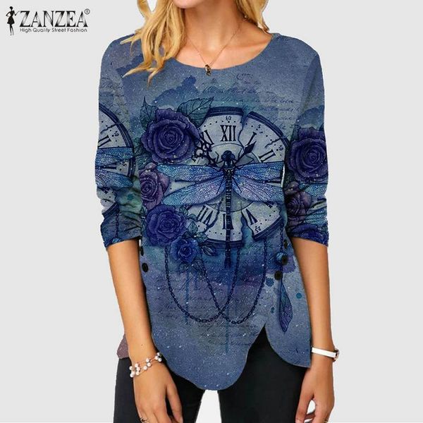 

blouses stylish printed women's irregular blouse casual long sleeve blusas female o neck shirts plus size tunic chemise, White