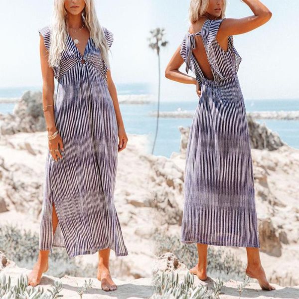 

women's swimwear women cover up beach bath dress summer 2021 print stripe neck split polyester swimsuit for suit may swimdress tunic, White;black