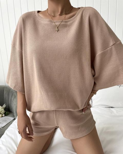

women's tracksuits khaki round neck knitted loose and shorts set leisure sports commuting two-piece, Gray