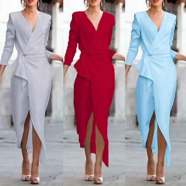 

casual dresses high stretch women robe summer 2021 long sleeve v-neck irregular slim dress waist solid color vestidos, Black;gray