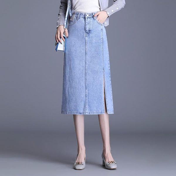 

skirts 2021spring high waist slim stretch simple denim skirt casual all-match split women a-line long tide, Black