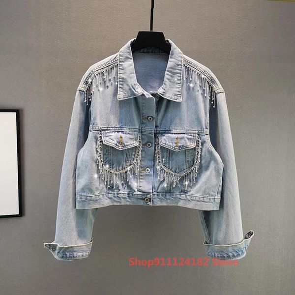 

women's jackets short denim jacket tide spring and autumn european station loose thin heavy industry rhinestone fringed top, Black;brown