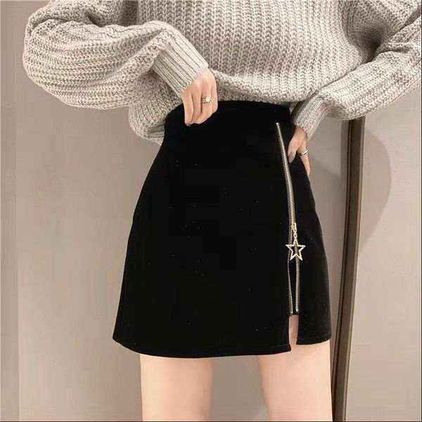

women korean skirts tweed autumn winter high waist a line bodycon bottoms female zipper slim mini short skirt, Black
