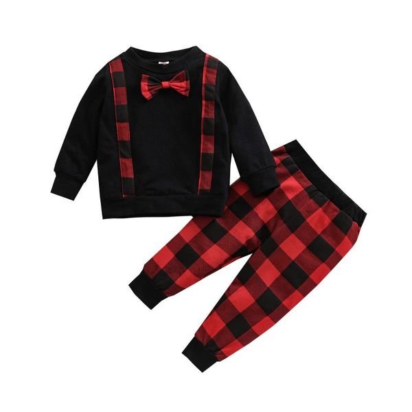 

clothing sets baby boy christmas clothes gentleman suits born plaid print bow neck pullover + trousers infant toddler set, White