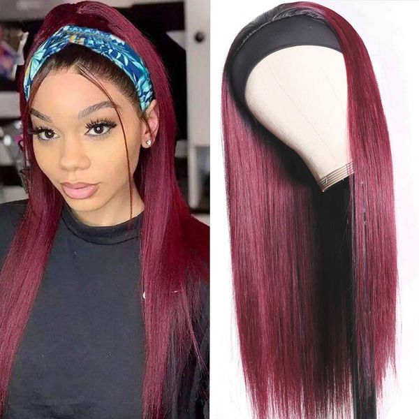 

headband wigs for black women 99j ombre straight synthetic hair headband wig glueless full machine made burgundy wig