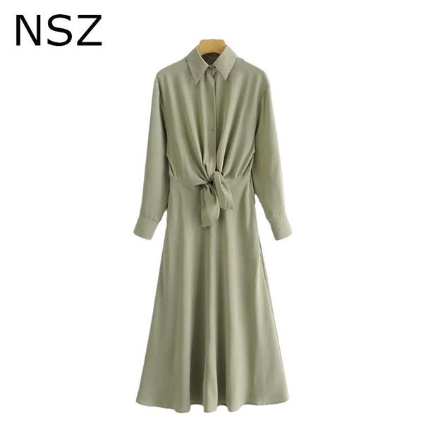 

casual dresses nsz women front bow tied elastic waist elegant long maxi dress sleeve ankle-length shirt vestidos mujer, Black;gray