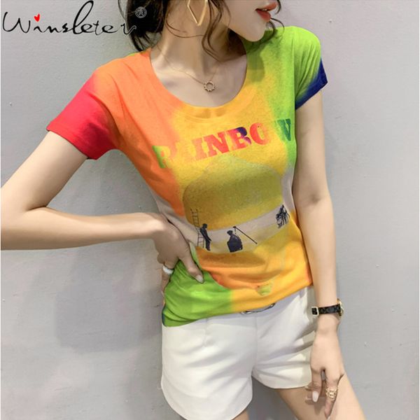 

women's t-shirt summer korean clothes t-shirt print letter contrast color girl fashion women short tees bottoming 2021 t14003, White