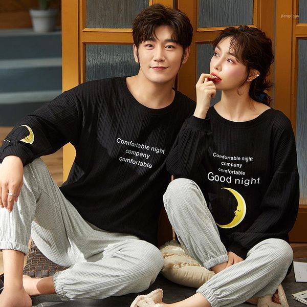 

spring couple knitted cotton pajamas long-sleeved trousers korean warm sweet men and women autumn winter homewear youth suit men's slee, Black;brown