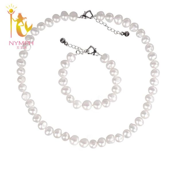 

bracelet, earrings & necklace [nymph] 925 silver natural freshwater pearl jewelry set 8-9mm baroque fashion women and bracelet party wedding, Black
