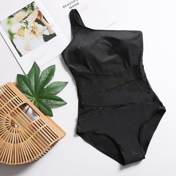

women's swimwear bikini one-shoulder one-piece swimsuit jump suits for women swim suit bikinis set solid wire high waist black, White;black