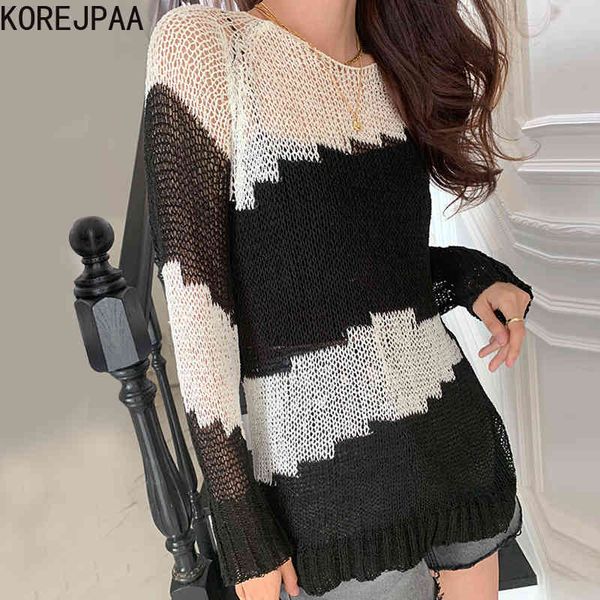 

women shirt korea chic summer fashion o-neck loose wild long sleeve bottoming hollow thin sweater female 210514, White;black