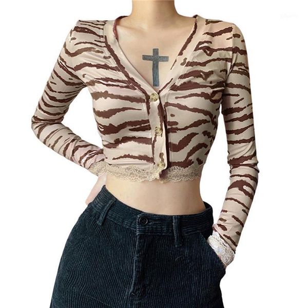 

women's t-shirt women button down crop t shirt v neck tiger pattern print long sleeve lace trim t-shirts for 2021 fashon, White