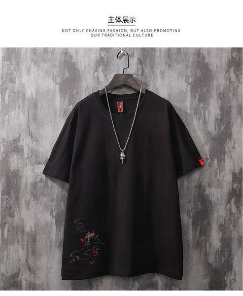 

chinese style phoenix heavy industry embroidered tee men loose summer fashion pure cotton men's t-shirt trend in large size short sleev, White;black